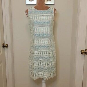 Eliza J Light Blue Sheath Dress with Ivory Lace Overlay, Size 8